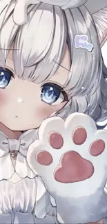 Cute anime cat girl with large blue eyes and paw print gloves.