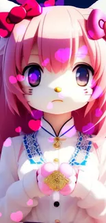 Cute anime cat girl with pink hearts.