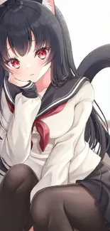 Cute anime cat girl in school uniform with dark hair and bright eyes.