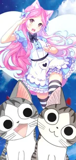 Anime cat girl and kittens with pink hair on blue sky background.