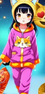 Anime girl in a purple cat hoodie with cats, set against a starry background.