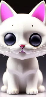 Adorable anime-style white cat with big eyes and pink ears on a mobile wallpaper.