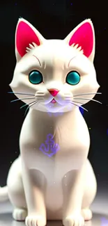 Cute white anime cat with pink ears and blue eyes on a dark background.