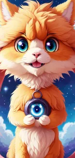 Adorable fluffy orange anime cat with big blue eyes and a magical background.