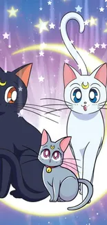 Anime cats under a starry sky in a cosmic purple background.