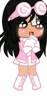 Cute anime character in pink outfit with big eyes and joyful expression.