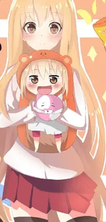 Anime character with kawaii design elements in a peach background.