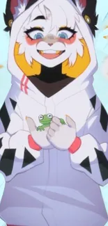 Anime character in hoodie holding a frog, set as mobile wallpaper.