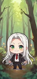 Cute anime character in a green forest setting.