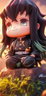 Cute chibi anime character sitting outdoors.