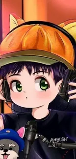 Cute anime character wearing headphones and an orange cap.