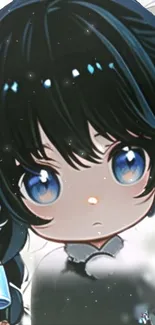 Cute chibi anime character with blue eyes and dark hair holding a blue object.