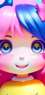 Cute anime character with pink and blue hair and bright eyes.