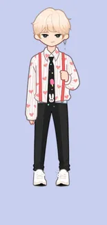 Anime character with a heart-patterned shirt on a lavender background.