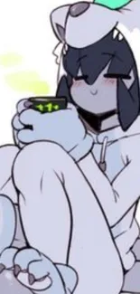 Anime character in cozy outfit, seated with a drink.