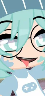 Cute anime character with teal hair and glasses, smiling playfully.