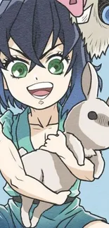 Anime character holding bunny with sky blue background.