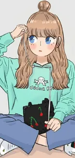 Cute anime girl in casual outfit sitting and listening to music.