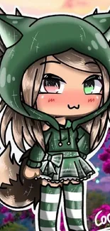 Cute chibi anime character in green hoodie with wolf ears, set against flowers.