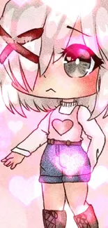 Cute chibi anime character with a heart design on a pink background.