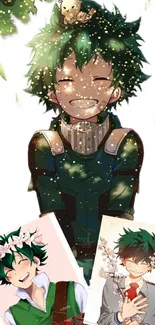 Anime character with green hair smiling joyfully, surrounded by light.