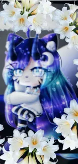 Cute anime character with blue hair surrounded by white lilies.