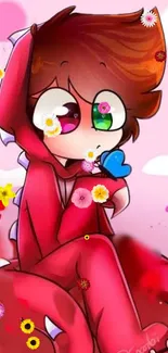 Anime character in red with flowers and butterflies on pink background.