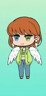 Anime character with wings on pastel background.