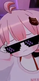 Cute anime character with pixelated glasses and pink hair.