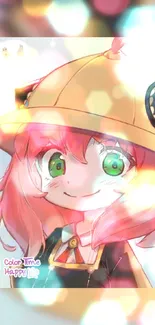 Cute anime girl with a hat, vibrant colors, and bokeh effect.