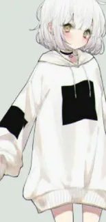 Anime character with white hair and hoodie.