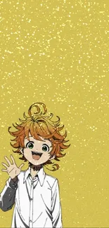 Cheerful anime character on mustard yellow background.