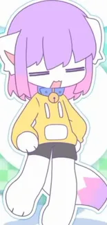 Anime character with lavender hair and yellow sweater on pastel background.