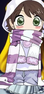 Adorable anime character wrapped in scarf with cozy, vibrant background.