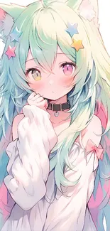 Anime character with pastel hair and cat ears in a cute, colorful design.