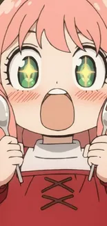 Cute pink-haired anime girl with spoon and fork, wide-eyed expression.