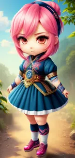 Anime character with pink hair in a magical forest setting.