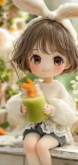 Adorable anime character with bunny ears drinking a green smoothie.