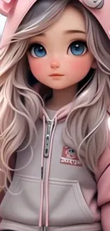 Cute anime girl with pink hoodie and big blue eyes.