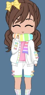 Cute anime character with colorful scarf on blue-gray background.