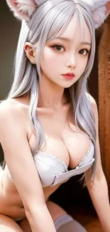 Anime character with silver hair and cute ears in a fantasy style wallpaper.