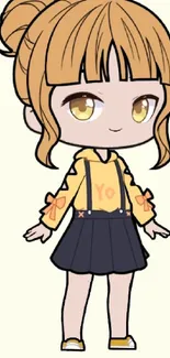 Cute anime chibi character in yellow and black outfit on light beige background.