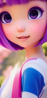 Cute anime character with purple hair and big eyes, perfect for mobile wallpaper.