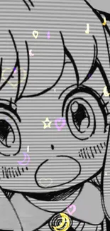 Gray anime character wallpaper with cute expressions and pastel embellishments.