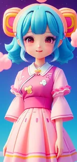 Anime girl with blue hair in pink dress with cloud background.