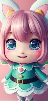 Cute anime character with pink hair and big eyes in a colorful outfit.