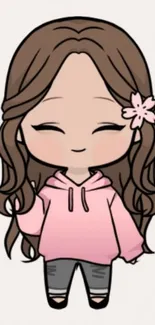 Cute anime girl with pink hoodie and flower.