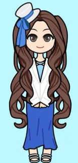 Cartoon girl in blue outfit on light blue background.