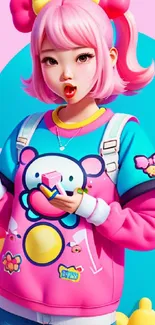 Cute anime character with pink hair and colorful outfit on mobile wallpaper.