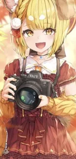 Cute anime girl with camera in autumn setting.